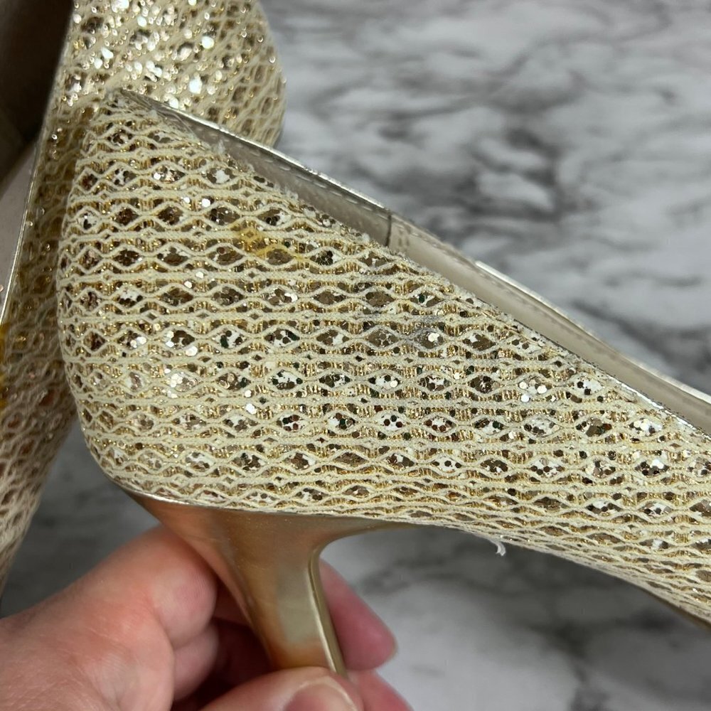 𝅺AUDREY Brook Peep Toe Heels Quillan Gold Cross Stitch size 9.5 - Picture 8 of 13